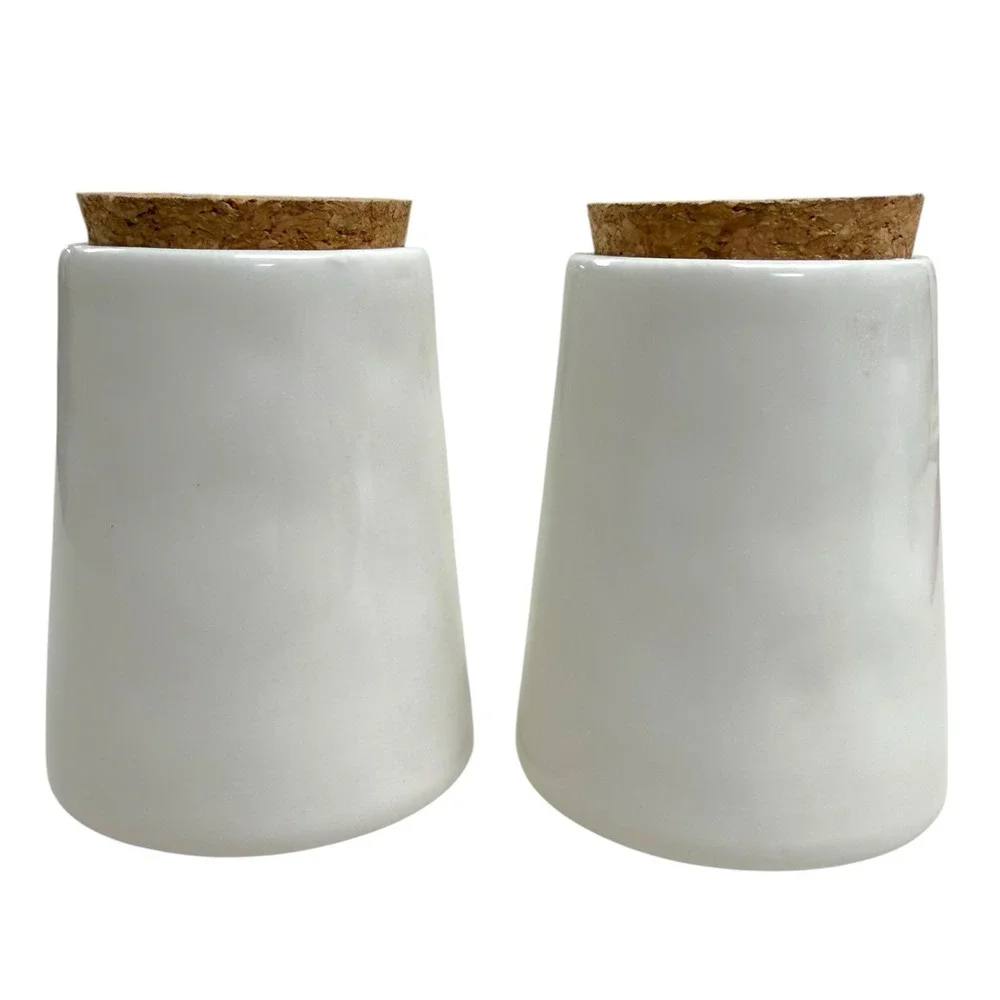 Pier 1 Imports Ceramic Salt & Pepper Shakers Wood Base Minimalistic Discontinued